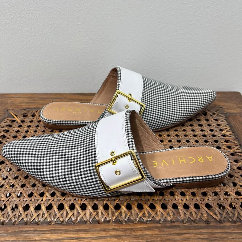 Size 8 Modern Neutral Preppy Plaid Pointed Toe Slip On Patterned Archive Mules